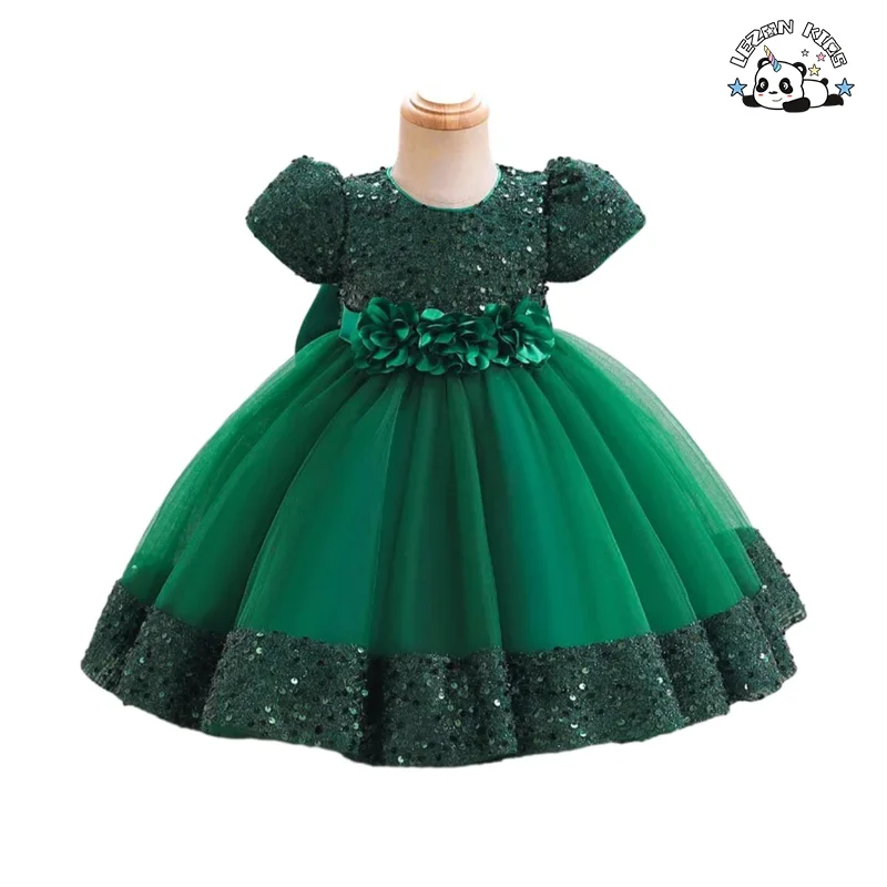 LEZONKIDS - Kids Tulle Dress Puff Short Sleeve Sequins Birthday Party Dress Flower Waistband Ball Gown Wedding Flower Girl Dress
